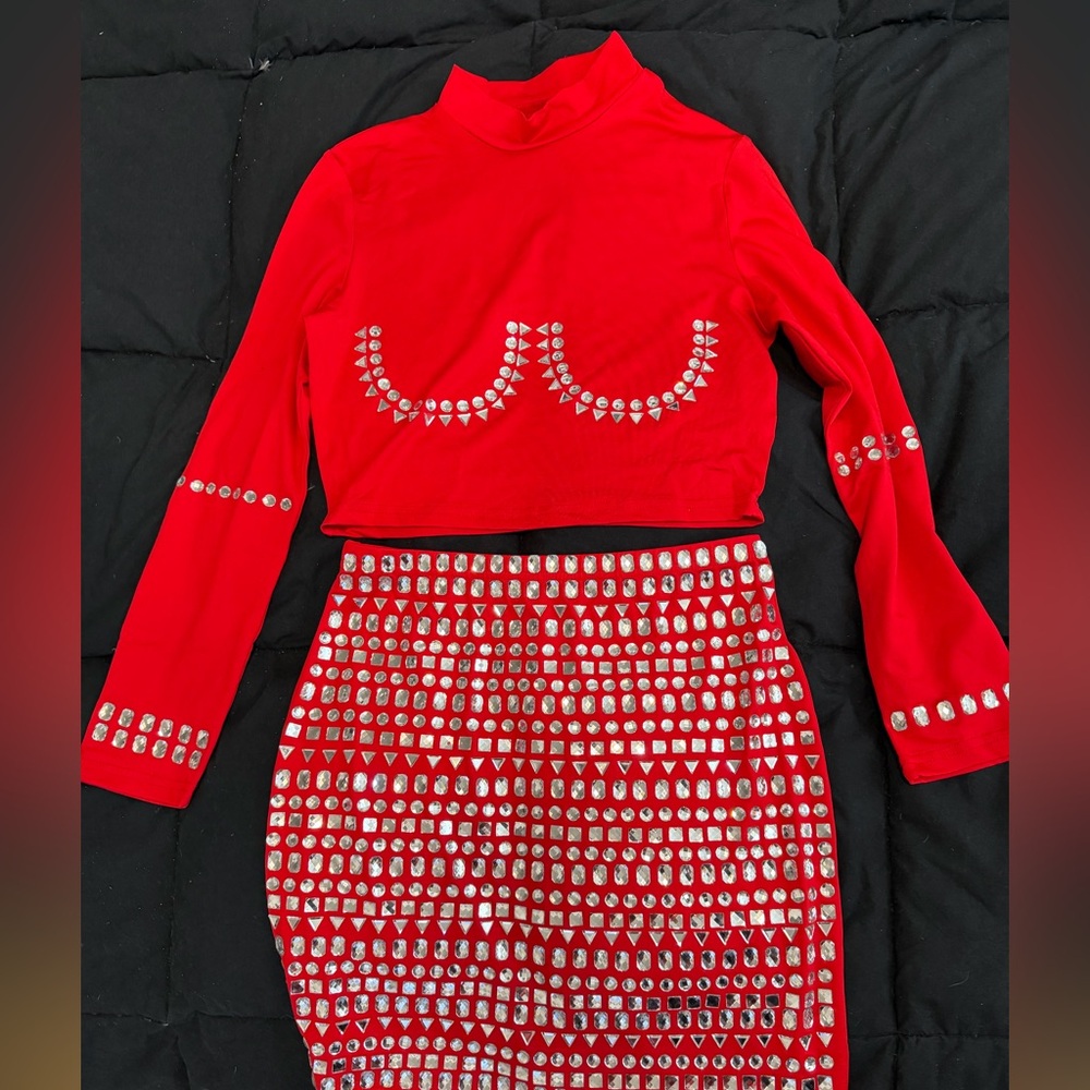Red Studded Two-Piece Set